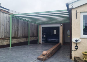 Milwood Group Carport Installation Cowbridge Wales Pale Green RAL 6021 Canopy Pro